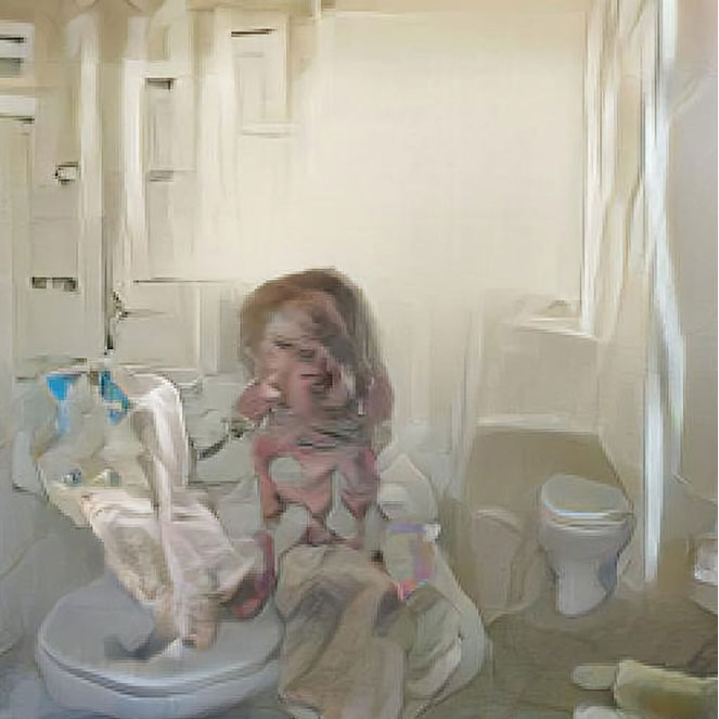 An AI generated image: A young transgender woman is looking in the mirror.
